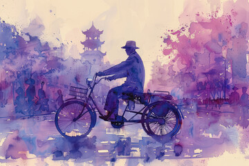 Obraz premium Purple watercolor painting of a person driving a traditional pedicab