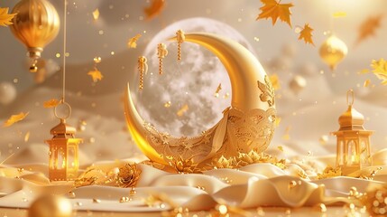 Poster depicting a 3D Beige Ramadan motif with a crescent moon floating on top of a piece of cloth, illuminated by golden leaves, with lantern, rosary, and other decorations scattered about. The