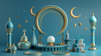 Fototapeta na wymiar Islamic holiday elements set with crescent moon lamp, display disk, ornament, gifts, and geometric decorations.