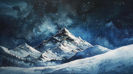 Watercolor painting of snow-capped mountains on a dark night but snow is still falling. The beauty of
 the night landscape. Use for wallpaper, posters, postcards, brochures,