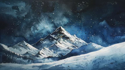 Fotobehang Watercolor painting of snow-capped mountains on a dark night but snow is still falling. The beauty of  the night landscape. Use for wallpaper, posters, postcards, brochures, © ongart