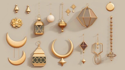 This 3D Islamic holiday element set includes crescent moon decor, rosary, golden leaves, Ramadan lantern, and geometric decorations.