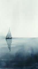 Watercolor painting of a sailboat in the calm sea. Use for phone wallpaper, posters, postcards, brochures, backdrop.