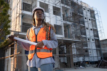 Portrait Worker engineer African woman working at construction site	