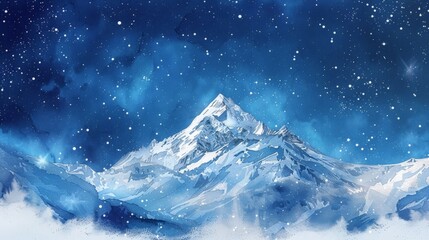 Watercolor painting of snow-capped mountains at night, clear sky sprinkled with snow. The beauty of the night landscape. Use for wallpaper, posters, postcards, brochures,