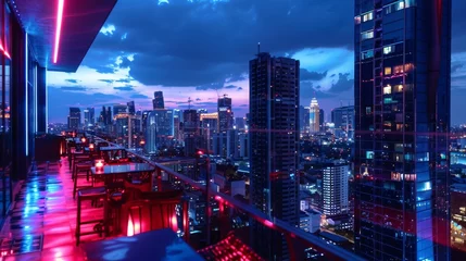 Fotobehang A rooftop bar overlooking the city with the skyline lit up by flickering neon lights. The vibrant atmosphere and stunning views make . . © Justlight