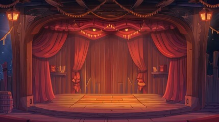 Red curtains, decorations, and spotlights at theatre interior with wooden scene. Parallax slidescroll modern illustration.
