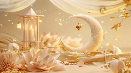 Three-dimensional beige Ramadan poster with crescent moon painted on top of a piece of cloth surrounded by golden leaves, lanterns, rosaries, and decorations. Eid Mubarak written in calligraphy text - obrazy, fototapety, plakaty