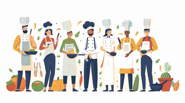 The chef and kitchen workers and staff of a restaurant or cafe. Modern illustration of a team of professionals wearing hats and aprons with a pot, menu, knife, spoon, and vegetables.