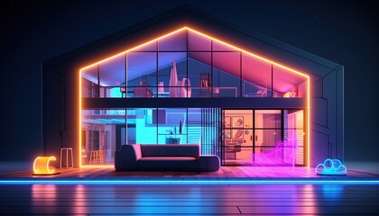 Futuristic modern home glowing with neon light of the future