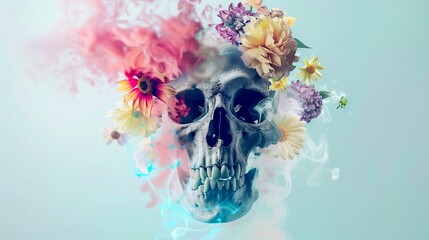 Dynamic of artistic design abstract disintegrating skull in colorful smoking space flowers  rustic vintage background 