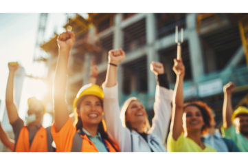 A photorealistic image of a diverse group of workers from various professions (doctor, teacher, construction worker, etc.) raising their hands in a celebratory gesture
