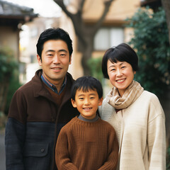 日本の家族写真。父、母、息子