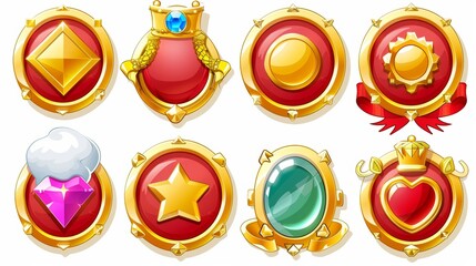 A set of cartoon award badges with golden circle borders, gems, red pennant, and snow cap.