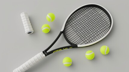 It includes a tennis racket, balls, and a light grey background.