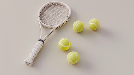 This 3D tennis set includes a tennis racket, balls, and a light grey background.