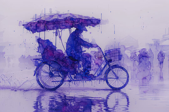 Purple watercolor painting of a person driving a traditional pedicab