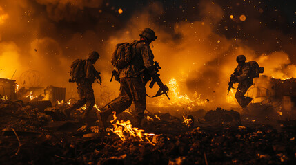 Man, soldier and run in explosion with battle, smoke or fire in overlay for copy space. Person, veteran and walking in war with enemy in freedom, defence or security for country with armed forces