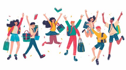 Students jumping with backpacks, books, and bags. Modern illustration of diverse young people having fun together.