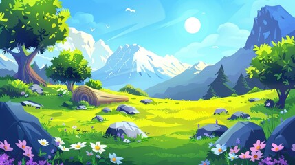 Modern cartoon illustration depicting a spring landscape with grassy mountain valley, log, stones, trees, bushes with flowers and rocks on horizon.