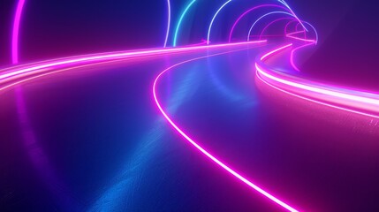 Neon light background with a purple and blue beam curving along with a turning road with its reflection. Concept of high speed.