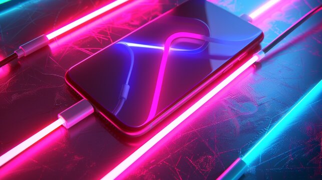 The concept of fast charging is demonstrated by a 3D charging cable advertisement. A smart phone is plugged into an induction charger cable on a neon light effect background.