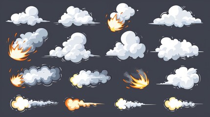 Flowing mist, puff, smog or haze isolated modern illustration, modern illustration set. Smoke clouds, speed trail, comic book sound effect, steam or dust. - obrazy, fototapety, plakaty