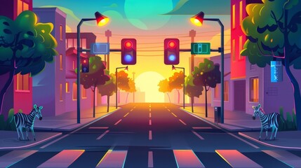 Sunset at a city crossroads with traffic lights, zebras, street signs, street lamps, a bright evening light, architecture, road, buildings, trees, a Cartoon modern illustration.