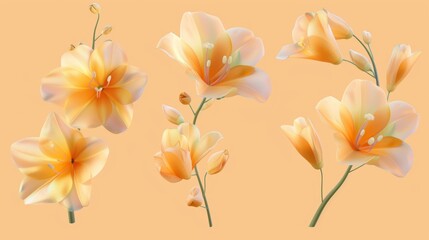 An isolated light orange background with a 3D translucent freesia set.