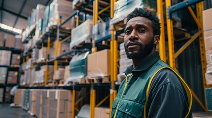 Fototapeta na wymiar man with a green vest standing near a pallet of boxes in a warehouse, in the style of dark teal and yellow, sense of quiet contemplation, award-winning, bold and busy