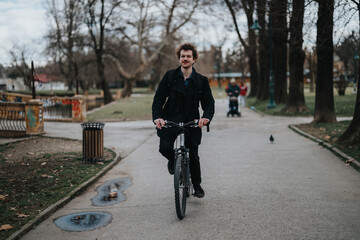 A young, curly-haired man riding a bicycle on a park path with trees and other park-goers in the background.