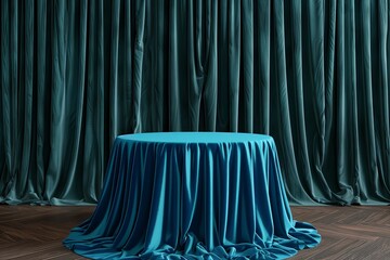 3D Render of blue Table Cloth on Round Podium Covered with Emerald Fabric. Dark Background, Studio Shot. In the Style of Emerald Fabric. 