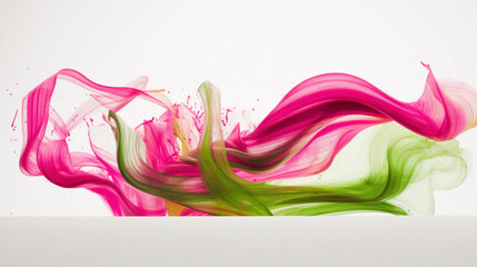Swirling ribbons of electric pink and lime green agnst a pristine white background, creating a visually stimulating composition.
