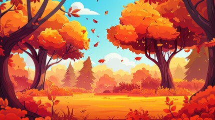 The landscape of a autumn forest with trees, bushes, grass, and orange leaves is a landscape of nature parks, countryside, and meadows in autumn. It has modern cartoon illustration of trees and - obrazy, fototapety, plakaty