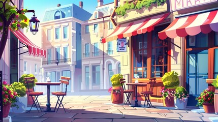 Street with cafe exterior with tables and chairs on terrace. Building facade with restaurant, cafe or cafeteria, modern illustration. - obrazy, fototapety, plakaty