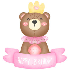 Drawing of happy birthday of baby bear girl and super cute gift.