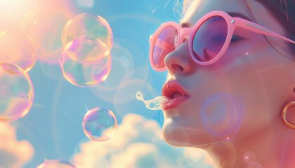 Capture summer vibes with a woman in sunglasses blowing a large bubble gum against a backdrop of dreamy clouds