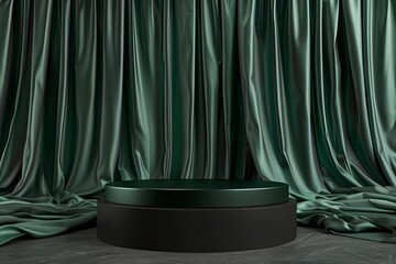 3D Render of Green Table Cloth on Round Podium Covered with Emerald Fabric. Dark Background, Studio Shot. In the Style of Emerald Fabric. 
