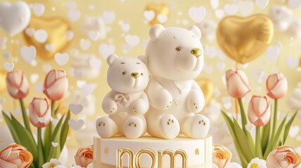 A 3D mother's day poster featuring porcelain polar bears sitting on a layer cake with tulips and a heart balloon at the back. The back has golden balloons with the word "Mom" on it.
