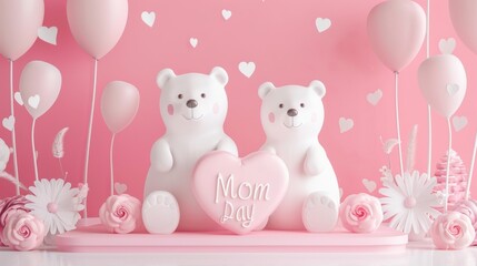 Porcelain polar bears seated beside a heart shaped stage with mom text balloons at a 3D Mother's Day celebration template.