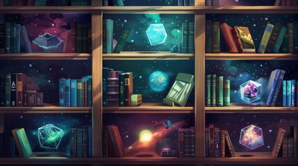 An illustrated bookshelf with cubes represents different worlds of stories and knowledge. Includes outer space, ocean, wild life, and imagination. - obrazy, fototapety, plakaty