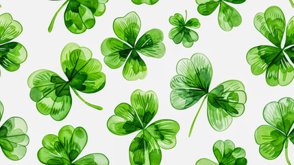 A pattern of green four-leaf clovers spread across a white background, symbolizing luck or associated with Saint Patrick's Day. - obrazy, fototapety, plakaty