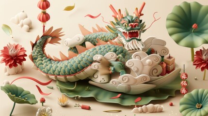 This dragon vessel has a zongzi and festive elements on a lotus leaf with a beige background and a Chinese holiday blessing. Translation: Happy DuanWu Holiday to you.