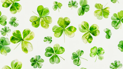 A pattern of green four-leaf clovers spread out on a white background, symbolizing luck or St. Patrick's Day. - obrazy, fototapety, plakaty