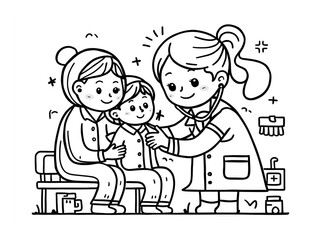 Fototapeta premium illustration of a doctor baby checkup with father line art design