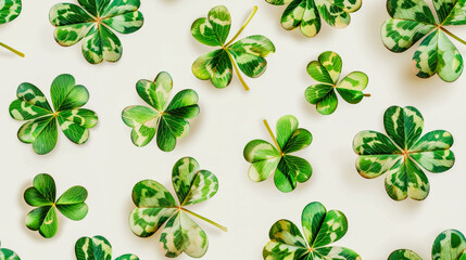 A collection of green and white variegated four-leaf clovers arranged randomly on a white background.