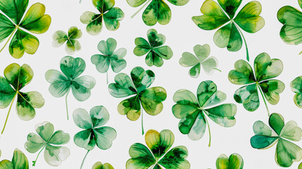 A pattern of green four-leaf clovers spread out against a white background, symbolizing luck or Saint Patrick's Day.
