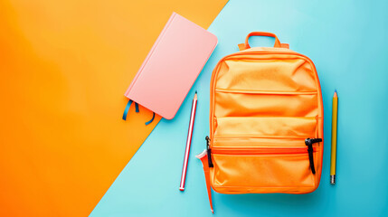 Back-to-school supplies featuring a pink notebook and an orange backpack with pencils on a dual blue and orange background.