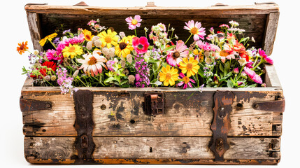 A vintage suitcase brimming with a vibrant assortment of fresh flowers against a white background. - Powered by Adobe