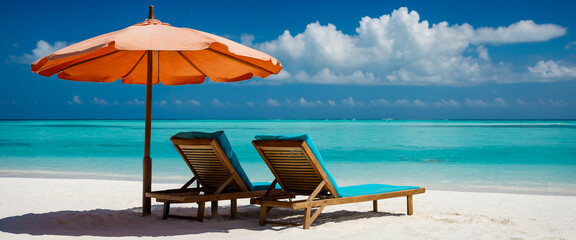 Tropical Escape: Relaxing Beach Chairs and Umbrella Await on Paradise Beach